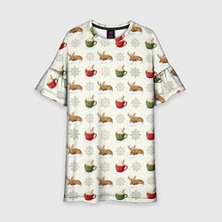 Платье клеш для девочки Зимний паттерн с оленем и чашками какао, цвет: 3D-принт