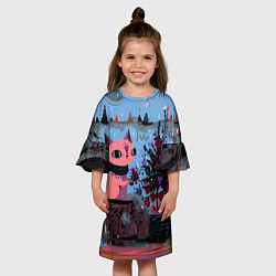 Платье клеш для девочки Кошка празднует Новый год, цвет: 3D-принт — фото 2