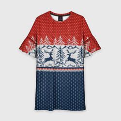 Платье клеш для девочки Вязаный узор с оленями, цвет: 3D-принт