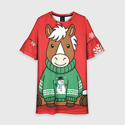Платье клеш для девочки Новогодняя лошадка в зеленом свитере, цвет: 3D-принт