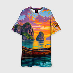 Платье клеш для девочки Тропический закат у скал, цвет: 3D-принт