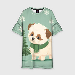 Платье клеш для девочки Новогодний песик с елочкой, цвет: 3D-принт