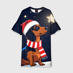 Платье клеш для девочки Новогодняя такса и звезды, цвет: 3D-принт