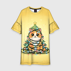 Платье клеш для девочки Новогодний котик в гирлянде, цвет: 3D-принт
