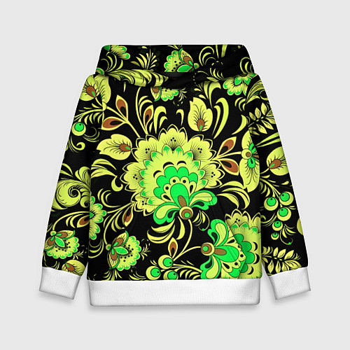 Детская толстовка Хохлома: черный и салатовый / 3D-Белый – фото 1