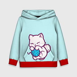 Толстовка-худи детская Белый котенок с клубком милый, цвет: 3D-красный