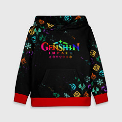 Толстовка-худи детская GENSHIN IMPACT NEON LOGO RAINBOW STYLE, ЭМБЛЕМЫ, цвет: 3D-красный