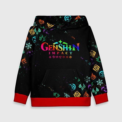 Детская толстовка GENSHIN IMPACT NEON LOGO RAINBOW STYLE, ЭМБЛЕМЫ / 3D-Красный – фото 1