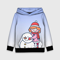 Толстовка-худи детская Девочка лепит снеговика, цвет: 3D-черный
