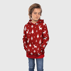 Толстовка-худи детская Новогодние олени и елки на красном фоне, цвет: 3D-красный — фото 2