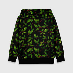 Толстовка-худи детская Яркие зеленые листья на черном фоне, цвет: 3D-черный