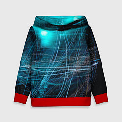 Толстовка-худи детская Неоновые волны и линии - Голубой, цвет: 3D-красный