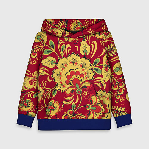 Детская толстовка Хохломская Роспись Цветы На красном Фоне / 3D-Синий – фото 1