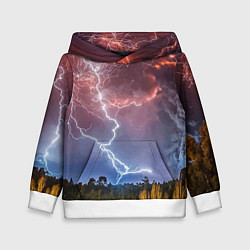 Толстовка-худи детская Грозовые разряды молний над лесом, цвет: 3D-белый