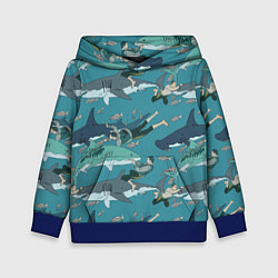 Толстовка-худи детская Ныряльщики и акулы - паттерн, цвет: 3D-синий
