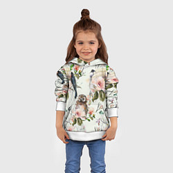 Толстовка-худи детская Цветы Нарисованные Магнолии и Птицы, цвет: 3D-белый — фото 2