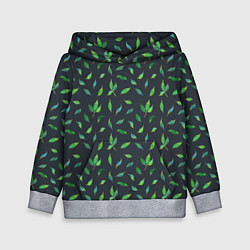 Толстовка-худи детская Зеленые листья и веточки на темном фоне, цвет: 3D-меланж