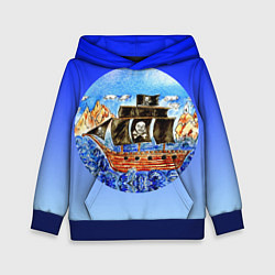 Толстовка-худи детская Рисунок пиратского корабля, цвет: 3D-синий