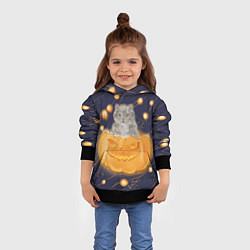 Толстовка-худи детская Котик в тыкве, хеллоуин, цвет: 3D-черный — фото 2