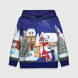 Толстовка-худи детская Дед Мороз едет на скутере с подарками в Новогоднюю, цвет: 3D-синий