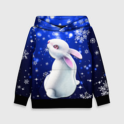 Толстовка-худи детская Белый кролик в снежинках, цвет: 3D-черный