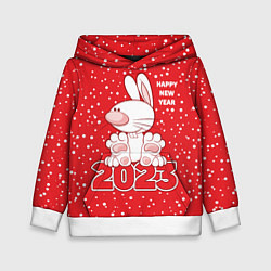 Толстовка-худи детская Happy new year, 2023 год кролика, цвет: 3D-белый