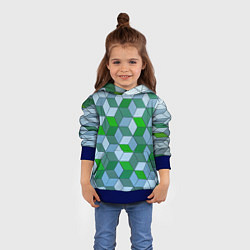 Толстовка-худи детская Зелёные и серые абстрактные кубы с оптической иллю, цвет: 3D-синий — фото 2