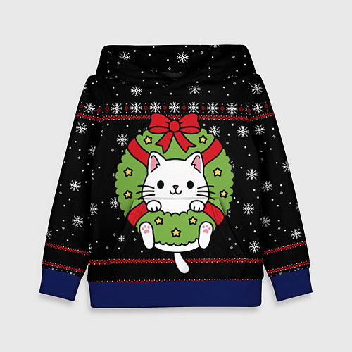 Детская толстовка Рождественский венок с котиком / 3D-Синий – фото 1
