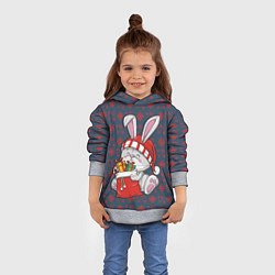 Толстовка-худи детская Кролик на фоне красных снежинок, цвет: 3D-меланж — фото 2