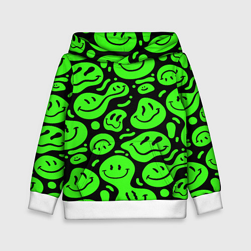 Детская толстовка Психоделические смайлы - салатовый неон / 3D-Белый – фото 1