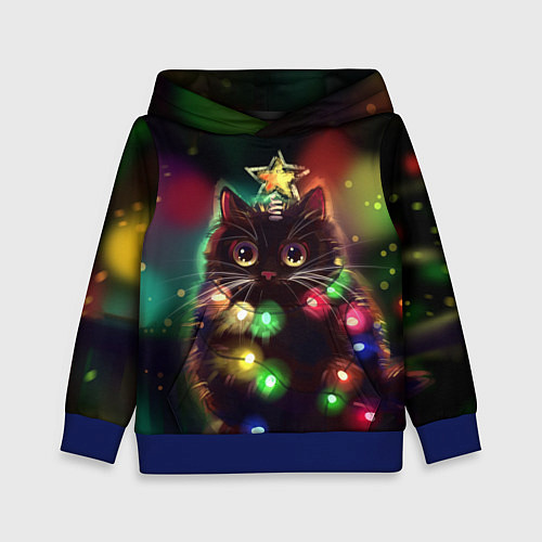 Детская толстовка Новогодний котик с гирляндой / 3D-Синий – фото 1