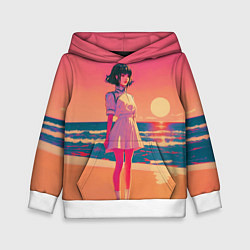 Толстовка-худи детская Аниме-девушка в белом платье на фоне розового зака, цвет: 3D-белый