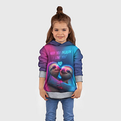 Толстовка-худи детская Влюбленные ленивцы обнимаются на фоне неонового се, цвет: 3D-меланж — фото 2