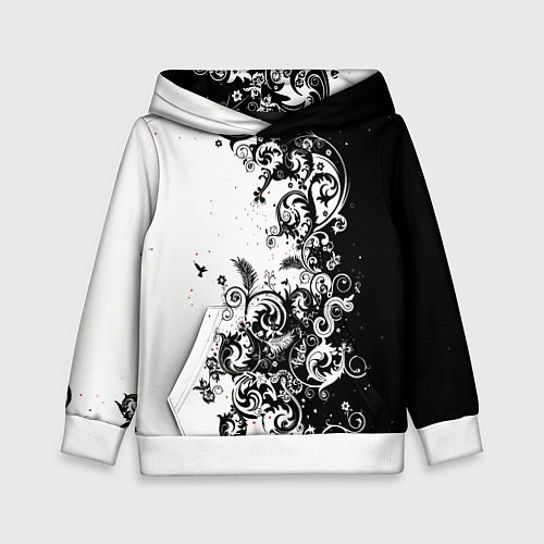 Детская толстовка Черно-белая птица среди узорчатых цветов / 3D-Белый – фото 1