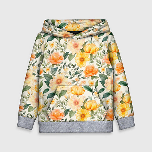 Детская толстовка Желтые и розовые хризантемы и пионы на светлом фон / 3D-Меланж – фото 1