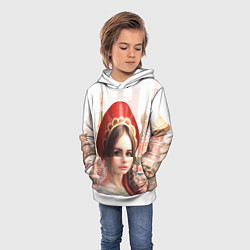 Толстовка-худи детская Девушка в кокошнике с косой - кремль, цвет: 3D-белый — фото 2