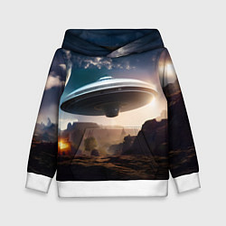 Толстовка-худи детская НЛО над горами, цвет: 3D-белый