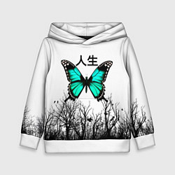 Толстовка-худи детская С бабочкой на фоне японского иероглифа, цвет: 3D-белый