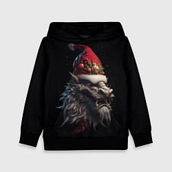 Толстовка-худи детская Дракон в шапке Санта Клауса: арт нейросети, цвет: 3D-черный