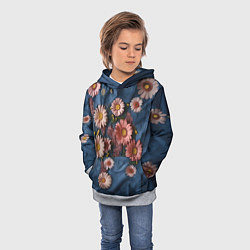 Толстовка-худи детская Хризантемы на джинсе, цвет: 3D-меланж — фото 2