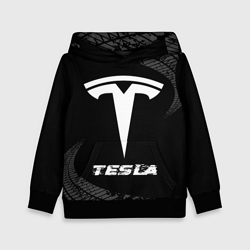 Детская толстовка Tesla speed на темном фоне со следами шин / 3D-Черный – фото 1