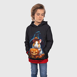 Толстовка-худи детская Хомяк в шляпе ведьмы и тыква на Хэллоуин, цвет: 3D-красный — фото 2