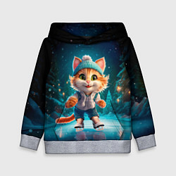 Толстовка-худи детская Мультяшный котенок на коньках, цвет: 3D-меланж