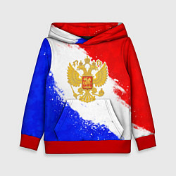 Толстовка-худи детская Герб РФ - триколор красками, цвет: 3D-красный