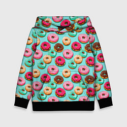 Толстовка-худи детская Разноцветные пончики паттерн, цвет: 3D-черный