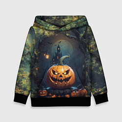 Толстовка-худи детская Праздничная хэллоуинская тыква, цвет: 3D-черный