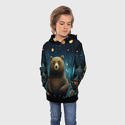 Толстовка-худи детская Мишка в ночном лесу в стиле фолк-арт, цвет: 3D-черный — фото 2
