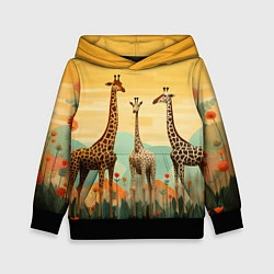Толстовка-худи детская Три жирафа в стиле фолк-арт, цвет: 3D-черный