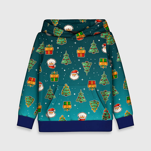 Детская толстовка Подарки новогодние елки и Санта - паттерн градиент / 3D-Синий – фото 1