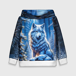 Толстовка-худи детская Волк в зимнем ночном лесу, цвет: 3D-белый